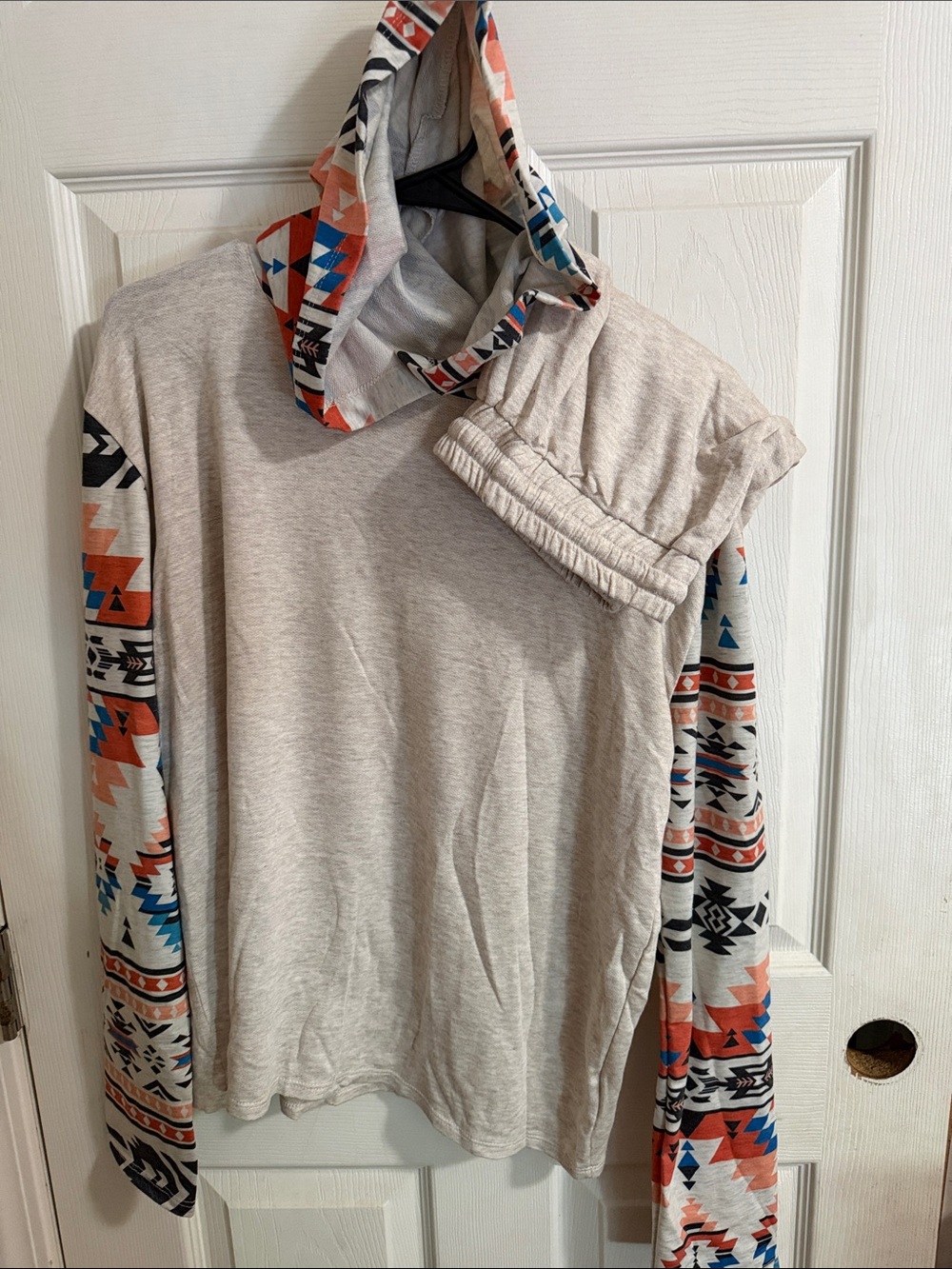 Avery Neutral Beige Hoodie with Colorful Aztec Sleeve Accents (lounge set)